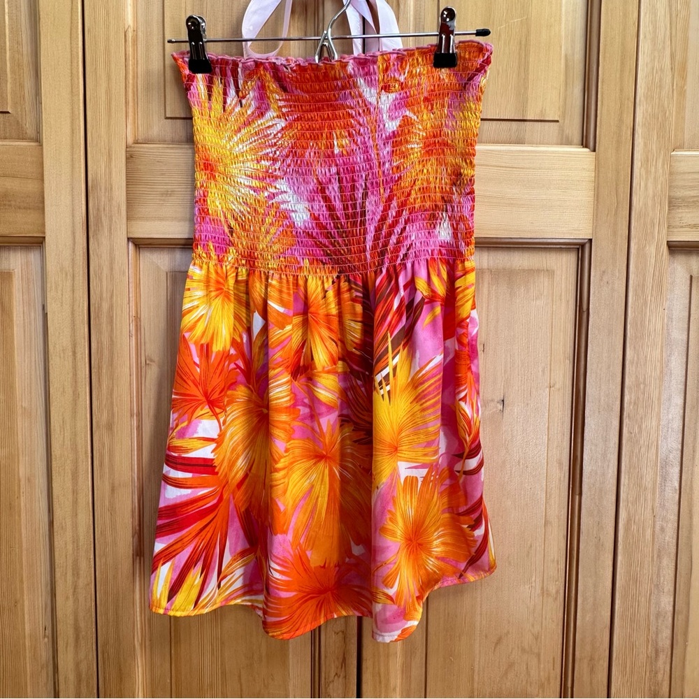 Vintage Cache Tropical Smocked Tube Top Mini Dress Size S #156